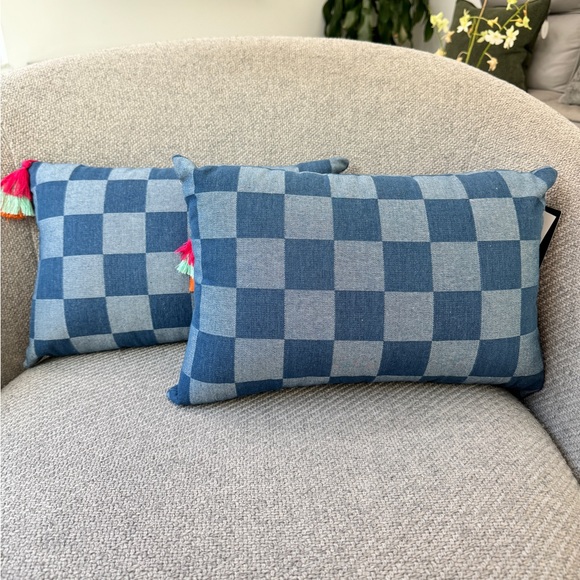 Max Studio Home Dark Light Blue Denim Checkered Decorative Pillow With Insert - Picture 1 of 12